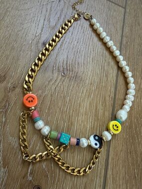 Raw & Rebellious Beaded Smile Face Necklace with Pearls & Gold Chain
